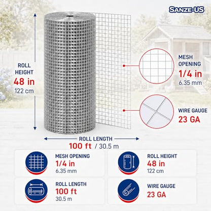 Sanzeus Hardware Cloth, 1/4 Inch 48in x 100ft 23 Gauge, Double-Layer Hot-Dip Galvanizing After Welding, Chicken Wire Fence Wire Mesh Poultry Netting Garden Fence Tree Guard Rolls - size: 1/4inch 48in×100ft