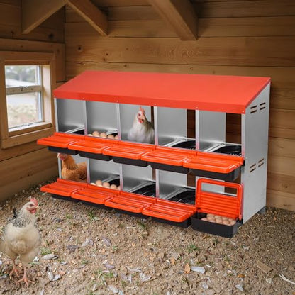 VEVOR 2 Tiers Chicken Nesting Boxes, 10 Compartments, Metal Egg Laying Boxes with Protective Collection Lids, Roll Out Nesting Box, Easy to Assemble, Ideal for Hens, Ducks, Chickens, and Other Poultry