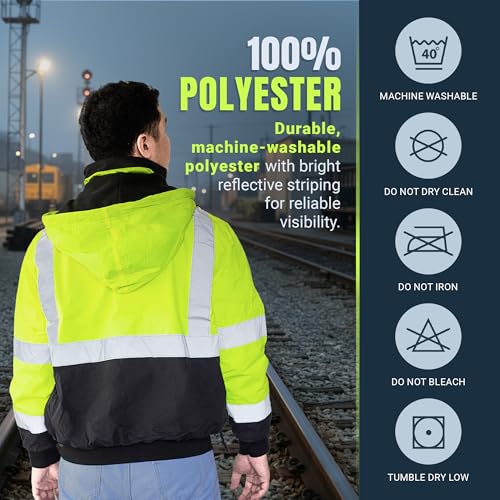 North 15 Men's High Visibility Reflectrd Hooded Safety Bomber Jacket, Fleece Lined - color: Yellow - Black, size: 3X-Large