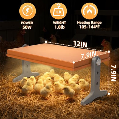 Chick Brooder Heater Plate – 12" x 8" Adjustable Height & Temperature Poultry Warmer for Up to 10 Chicks, Brooder Heating Plate for Chicks and Ducklings, Orange