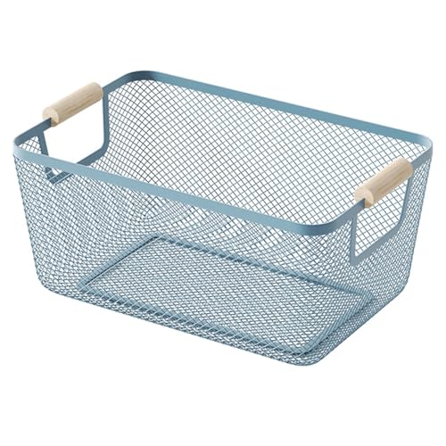 AJIODA Metal Mesh Steel Basket, Medium Wire Storage Organizer Basket Multi-function Hanging Kitchen Basket with Wood Handle for Kitchen Bathroom Picnic Home, Rectangle-Blue - color: Blue, size: 1Pack-Medium