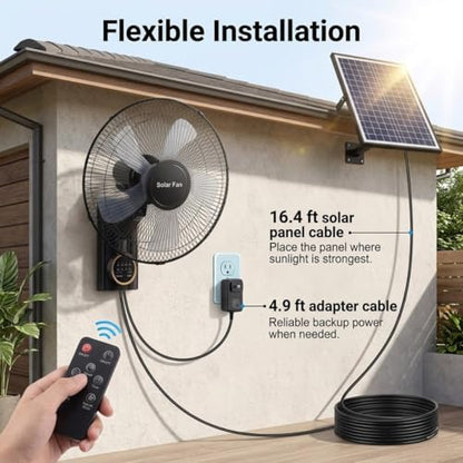 16" Solar Barn Fan for Chicken Coop and Greenhouse, Patio Fan Wall Solar Fan with Remote, 16ft Extension Cable AC/Solar Dual Power, 90° Oscillating Fans Waterproof Garage Cooling System