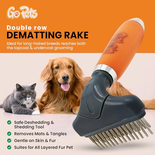 GoPets Double Row Dematting Rake Undercoat Deshedding Tool for Dogs and Cats, Dog Brush for Shedding and Grooming, Long Hair Pet Grooming Brush for Mat Removal, Detangling, and Shedding Control - style: Double Row Dematting Comb