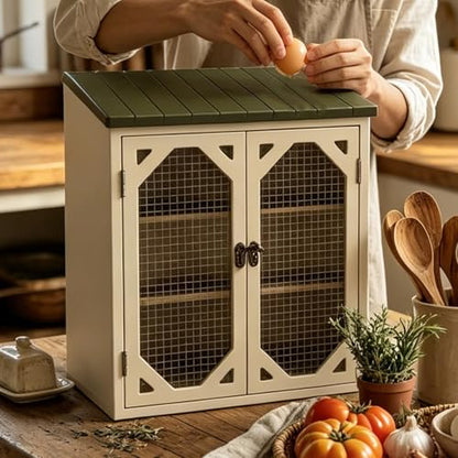 Wooden Fresh Egg Holder Countertop, Egg Storage Rack with Wire Mesh Window for Countertop, Farmhouse Storage Organizer Cabinet with Double Doors for Home Kitchen