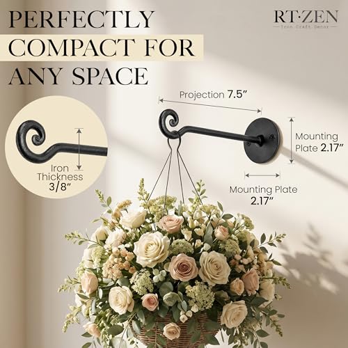 RTZEN Plant Hangers Outdoor or Indoor - Wrought Iron Metal Hanger Indoor Hook - Heavy Duty Wall Bracket Hooks for Hanging Plants Baskets Lanterns Bird Feeders - 2 Pack (Black Swirl Hooks 7.5") - size: 7.5 Inch, style: Swirl Hooks