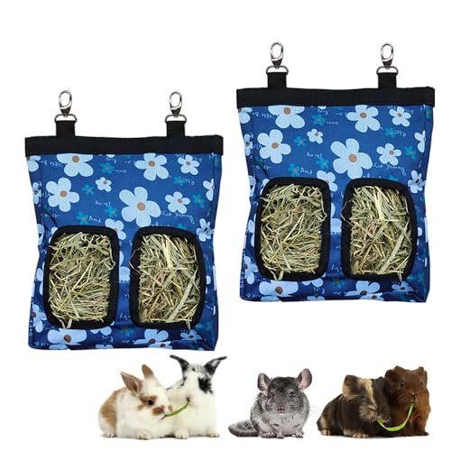Guinea Pig Hay Feeder, Hanging Rabbit Hay Feeder Bag for Guinea Pigs Bunnies Chinchillas. Blueflower, 2 Count - color: Blueflower-2pack