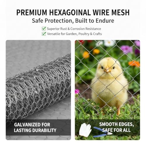 Hexagonal Wire mesh Chicken coop Fence, No. 22 Metal, mesh Size 1.3 inches, hot-dip Galvanized Corrosion-Resistant Steel Wire, Includes Gloves, Wire, and Pliers (Silver, 60inch X 99FT) - size: 60inch X 99FT
