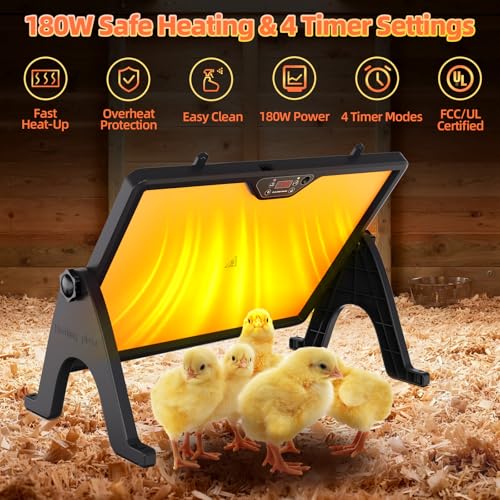Brooder Plate for Chicks with Remote Control, Double-Sided Chick Heat Plate, Night Light, 4 Timer Modes, LED Light, Adjustable Angle & Temp Display, 180W for Chicks/Ducks/Cats/Dogs (Black) - color: Black