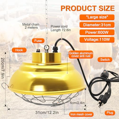 Hanging 600 Watt Heat Lamp for Chickens with Carbon Fiber Bulb for Indoor&Outdoor Used with Two-Temperature Adjustable for Cattle, Horses, Donkeys, Livestock Professional Waterproof Heater (600 Watt) - size: 600 Watt