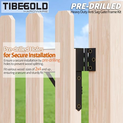 Anti Sag Gate Frame Kit, Heavy Duty Gate Corner Brace Brackets, Gate Hardware Kit with Self-Locking Gate Latch for Outdoor Wooden Fences, Driveway Gates, Shed Doors, Corral, Black, 1 Set