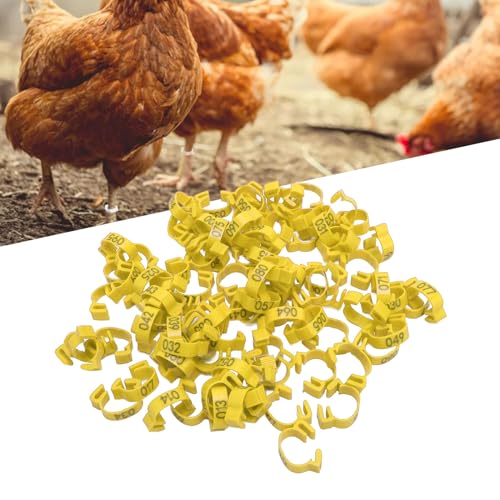 100PCS 20mm Chicken Leg Bands, 001 to 100 Numbered Colorful Chicken Birds Poultry Identification Leg Bands for Chicks Ducks Pigeons Goose Quail Yellow (Yellow) - color: Yellow