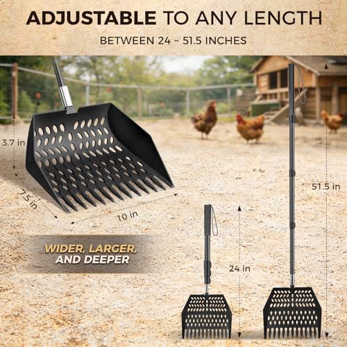 Chicken Poop Scooper & Rake 3 in 1 - Aluminum Alloy Chicken Coop Scoop & Snap-Lock Telescoping Adjustable Handle (16 to 44”), Sand Sifter Shovel for Small Farm Animals US Patent Pending (Sable Black) - color: Sable Black