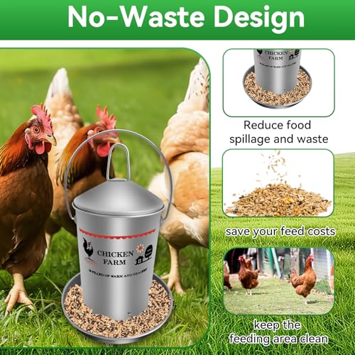 6.6 Lb Stainless Steel Poultry Feeder, Automatic Chicken Feeder No Waste, Hanging Chicken Feeder Heavy Duty Reliable Long-Lasting with Handle, Top Filled - size: 3KG/6.6 LB