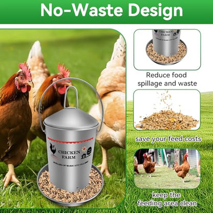 6.6 Lb Stainless Steel Poultry Feeder, Automatic Chicken Feeder No Waste, Hanging Chicken Feeder Heavy Duty Reliable Long-Lasting with Handle, Top Filled - size: 3KG/6.6 LB