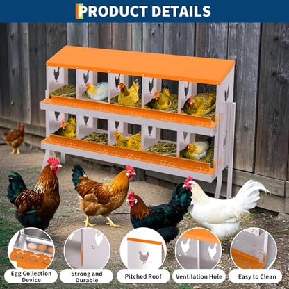 10 Compartment Chicken Nesting Box, Galvanized Steel Metal Laying Box with Removable Tray Roll-Out Egg Collection, Wall Mount Hen Roosting Box, Easy Egg Collection - color: Orange, size: 10 holes with legs