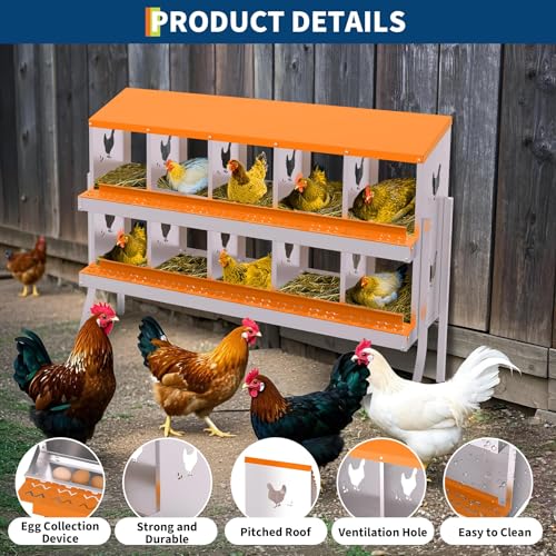 Garvee Chicken Nesting Box, 10 Compartment Nesting Boxes for Chickens, Easy to Clean and Install, Chicken Laying Boxes for Chicken Coop to Protect Eggs - with Bracket Legs, Orange