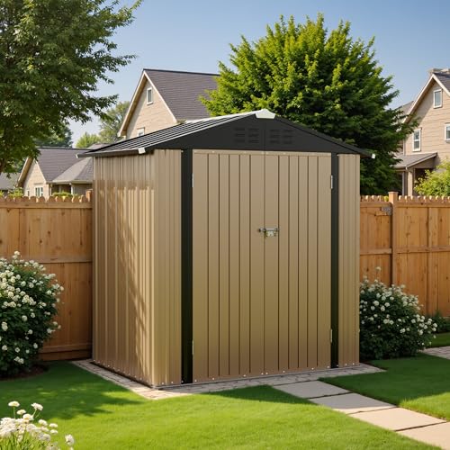 Greesum 6x4FT Outdoor Storage Shed, Utility Tool Shed Metal Storage Garden Shed with Door & Lock for Patio Storage, Brown - color: Brown, size: 6x4