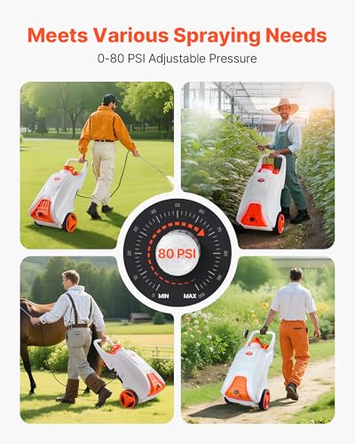 VEVOR 13.1 Gallon Battery Powered Sprayer with Wheels, Adjustable 0-80 PSI, 5 Nozzles and 98ft Hose Included, Orange - size: 13.1 Gal