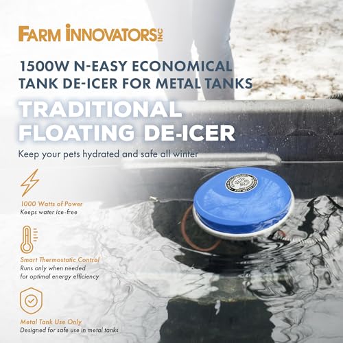 Farm Innovators Floating Tank De-Icer, 1500W Water Deicer- Ice-N-Easy Design with Thermostatically Controlled Heating for Metal Only Livestock Water Tank