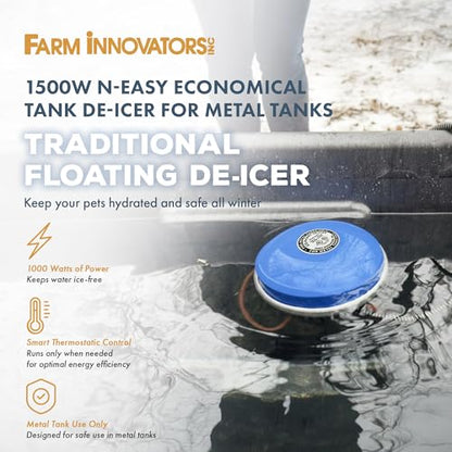 Farm Innovators Floating Tank De-Icer, 1500W Water Deicer- Ice-N-Easy Design with Thermostatically Controlled Heating for Metal Only Livestock Water Tank