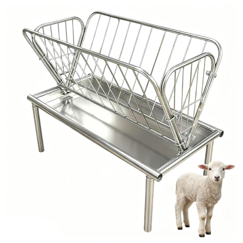 Galvanized Steel Goat Hay Feeder, 2 in 1 Heavy Duty Goat Feeder with Durable Frame, Outdoor Pasture Goat Hay Feeder with 6'' Removable Deep Feeders Pan, for Goats, Sheep, Ponies