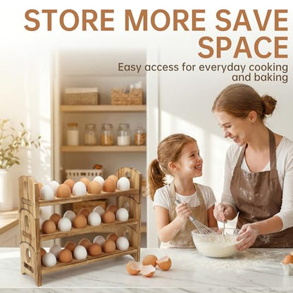 Wooden Egg Holder, 3 Tier 36 Egg Capacity, Farmhouse Egg Holder for Countertop, Stackable Egg Storage Rack for Fresh Eggs, Rustic Wooden Egg Organizer with Handles for Kitchen Counter