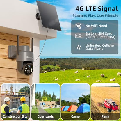 Techage 4G LTE Cellular Solar Security Camera Wireless Outdoor, 2.5K NO WiFi Security Camera with Color Night Vision, 360° PTZ Live View, PIR Motion Detection, 2 Way Talk, 64GB Card Built-in SIM Card - color: Grey-CQ1SG-64GB