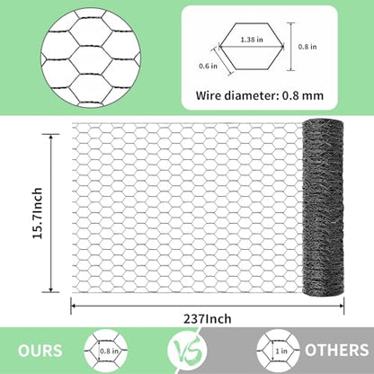 Chicken Wire 15.7 in x 237 in Poultry Wire Netting Hexagonal Galvanized Mesh Garden Fence Barrier for Pet Rabbit Chicken Fencing with 100 Pcs Cable Zip Ties(PVC-Coated) - color: Black, size: 15.7"x237"+100Ties