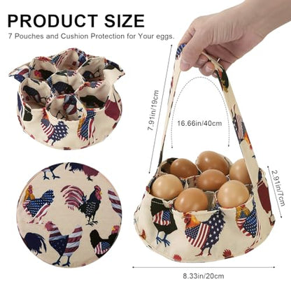 Egg Collecting Basket, Canvas Egg Basket for Gathering with 7 Pouches for Chicken, Duck, Goose, Bird, Various Poultry Collection (Flag Chicken) - style: Flag Chicken