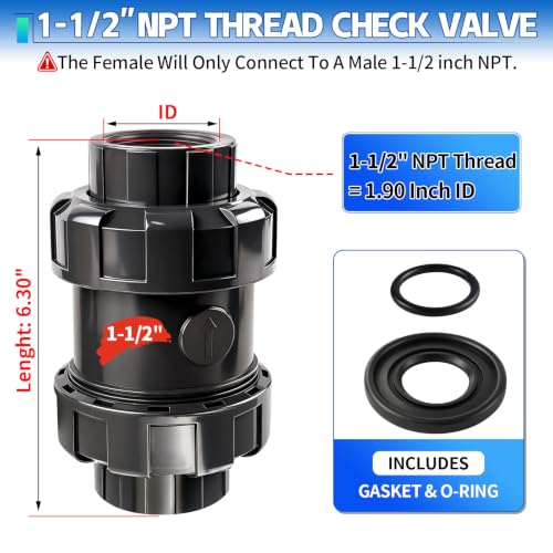 1-1/2 inch NPT PVC Check Valve, SCH80 Full Port Water Pump Ball Check Valve | UPVC Inline Backflow Preventer, leak Proof One Way valve, with Stainless Steel Spring, Horizontal or Vertical Installation - size: 1-1/2''NPT