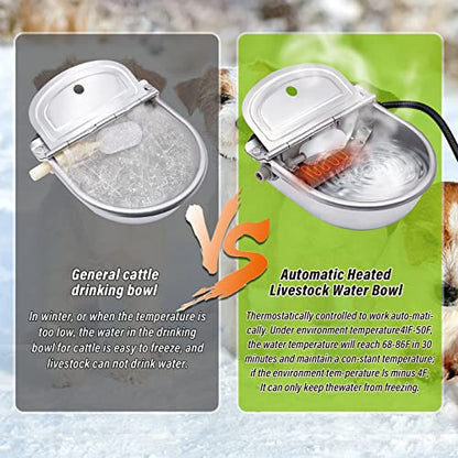 MINYULUA Automatic Heated Dog Water Bowl Stainless Steel Pet Thermal-Bowl Livestock Waterer Constant Temperature Dispenser for Dogs Cow Horse Pig Sheep Chicken Outdoor Drinking