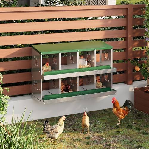 8-Compartment Metal Chicken Nesting Box - with Perch, Secure Lid & Metal Legs, Wall-Mount or Free-Standing Nesting Boxes for Hens - color: green, size: 8 Compartments