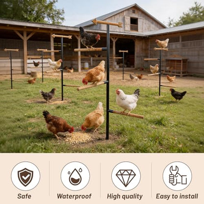 Tnstbiee Large Chicken Roosting Bars, Wooden 4-Branch Perch & Outdoor Bird Playground Toy,Chicken Perch for Coop & Backyard,50" H x 16.5" R, 4-Prong Metal Ground Plug,for Small Poultry, Bird & Parrots
