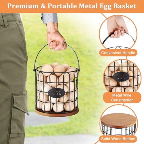 7'' Farmhouse Eggs Basket for Gathering Fresh Eggs, Countertop Egg Holder with Handle, Metal Wire Egg Baskets with Wooden Base for Coop Eggs Storage & Counter Decor(Style 1-Straight) - style: Style 1( Straight )