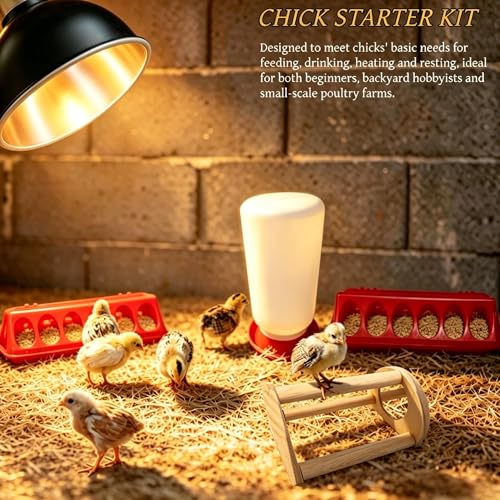 Chick Starter Kit with 75w Heat Lamp, 5-in-1 Baby Chicken Brooder Supplies, Feeder & Waterer Set, Perch with Mirror for Coop Brooder Poultry Duck Quail Bird