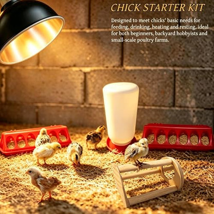 Chick Starter Kit with 75w Heat Lamp, 5-in-1 Baby Chicken Brooder Supplies, Feeder & Waterer Set, Perch with Mirror for Coop Brooder Poultry Duck Quail Bird