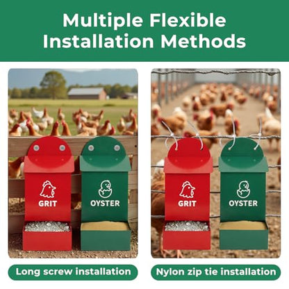Rustproof Chicken Grit and Oyster Shell Feeder 2 Pack, Heavy Duty Metal Poultry Feeders for Coop or Fence, Rainproof Dual Compartment Wall Mounted Feeder for Outdoor Chicken Coops