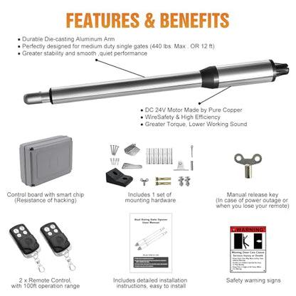 JUJIANG C01 Automatic Gate Opener with Remote Complete Kit for Single Swing Gate Up to 440lb 16FT, Electric Gate Opener Medium Duty Single Swing Gate Opener Automatic Gate Motor 40W AC Powered - style: 440lb Single gate opener