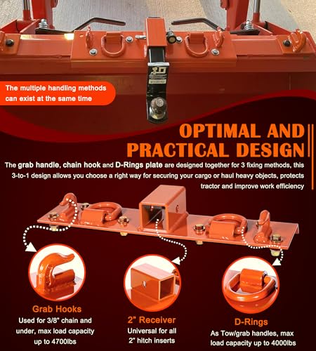 Bonbo Tractor Grab Hooks Compatible with Kubota Tractors - Bolted on Compact Tractor Bucket Grab Hooks with D Rings and 2" Receiver, Orange