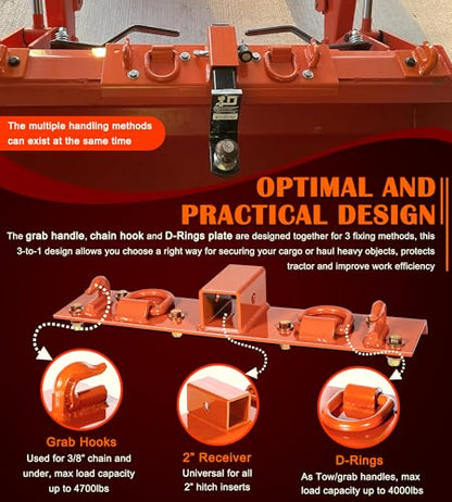 Bonbo Tractor Grab Hooks Compatible with Kubota Tractors - Bolted on Compact Tractor Bucket Grab Hooks with D Rings and 2" Receiver, Orange