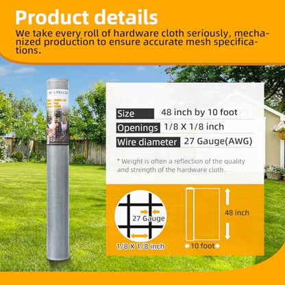 48in x 10ft Hardware Cloth 1/8 inch 27Ga Hot Dipped Galvanized After Welding, Chicken Coop Wire Fence, Welded Metal Fencing Roll Mesh for Bee Screen Garden Plant Poultry Animal Netting Cage - size: 48in x 10ft