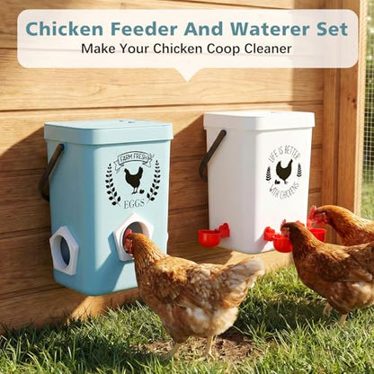 TGEYD Chicken Feeder and Waterer Set, No-Waste Hanging Feeder for Backyard Chickens, 3 Gal Waterer & 15LB Feed Bin