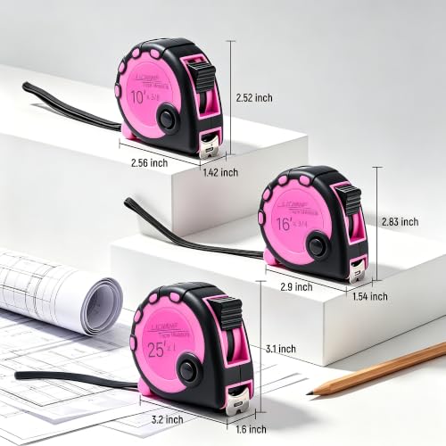 Lichamp Pink Tape Measure 4 Pack, with Soft Tape Measures, 10ft x 5/8in, 16ft x 3/4in, 25ft x 1in, 04MXPK