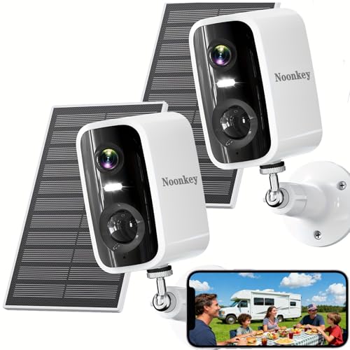 Noonkey 2 Pack Solar Security Camera Outdoor Wireless, 4MP HD Full Color Night Vision, 2.4/5GHz WiFi Home Security Camera with AI Motion Detection & Siren, 2-Way Audio, Alexa, No Wiring, Weatherproof