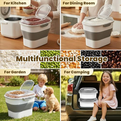 20-50Lbs Rice Container,Collapsible Food Storage Containers with Clear Airtight Lid,Wheels,Date Track,Rice Storage Container with 2PCS Containers and Scoop for Flour Sugar Cereal Grain Dog Cat - color: Clear/20-50lbs