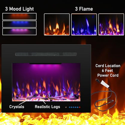 29.6" W Rear Electric Fireplace Inserts with 3 Flame & Top Light, Recessed Fireplace Heater with Thermostat, 750/1500W, Crackling Sound, Logs & Crystals, Timer, No Wall Mount - size: 33"W25"H