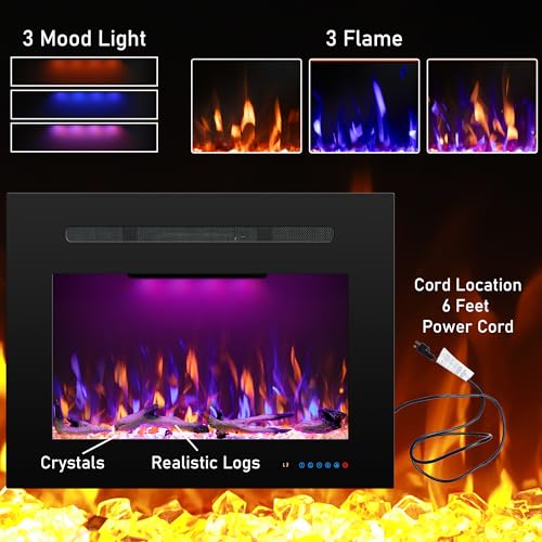 Electric Fireplace Inserts with 3 Flame & Top Light Color, Recessed Fireplace Heater with Thermostat, 750/1500W, Crackling Sound, Logs & Crystals, Timer, 32.2" W x 19.6" H Rear - size: 36"W21"H
