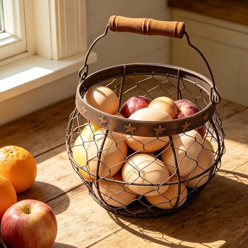 TAIANLE. Wire Egg Basket for Gathering Fresh Eggs, Rustic Farmhouse Chicken Egg Collecting Basket with Handle Star Decor for Kitchen Storage Holder Organizer Easter Display Decoration