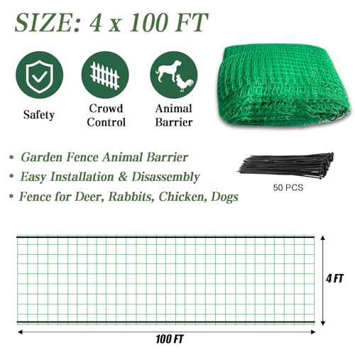 Garden Fence Temporary Fence, 4'x100' with 50 Zip Ties, Plastic Fencing Safety Fence Snow Fence, Construction Fencing for Garden Fencing, Animal Barrier, Poultry, Deer, Patio, Green - size: 4ft x 100ft