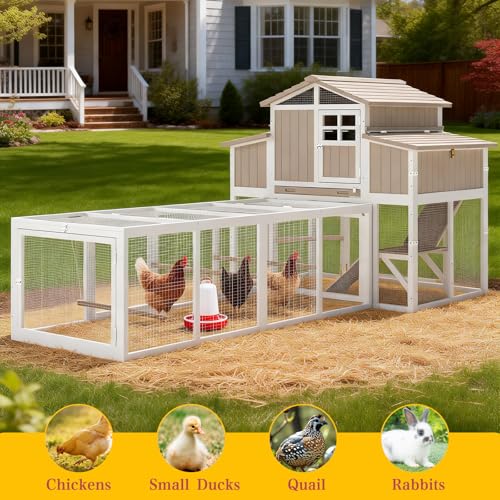 Large Chicken Coop and Run, Wooden Hen House with 4 Sectionable Nesting Boxes, Poultry Duck House for 4-10 Chickens with 5 Perches, Pull-Out Tray and Ramp, Grey